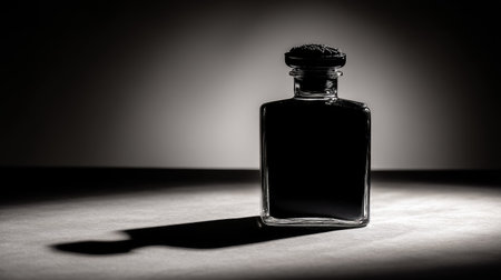 A sophisticated glass bottle filled with black liquid casts a dramatic shadow on the surface. The moody lighting highlights the contours and elegance of the bottle.の素材
