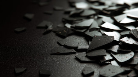 A detailed close-up of broken black glass fragments scattered on a dark surface. The interplay of light and shadow creates an intriguing abstract composition.の素材