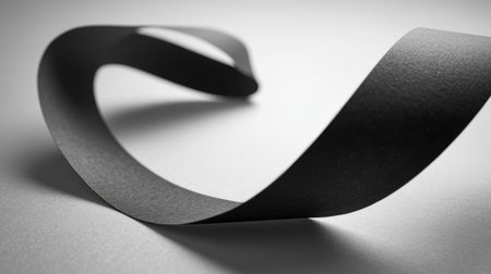 A sleek black ribbon elegantly curls against a soft grey background, showcasing smooth texture and minimalistic design. Perfect for artistic and creative projects.の素材