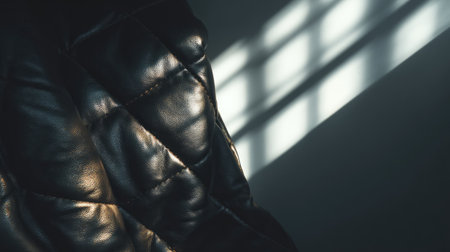 A close-up view of a textured leather surface illuminated by soft natural light. This image captures the interplay of light and shadows, creating a minimalist and modern aesthetic perfect for interior design themes.の素材