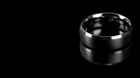 This elegant black ring features a glossy finish and intricate detailing on a dark background, perfect for showcasing luxury and style in jewelry photography.の素材