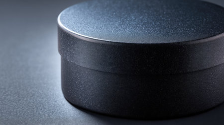 A sleek black round box displayed on a soft surface, showcasing its smooth texture and minimalistic design. Perfect for elegant packaging or decorative uses.の素材