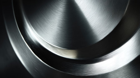 This close-up image showcases a brushed metal surface with intricate textures and a stunning reflective quality. The composition highlights curves and depth, perfect for industrial or modern design themes.の素材