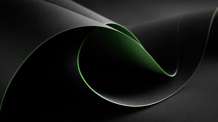 This image showcases a graceful curl of black paper with a striking green edge, creating a dramatic contrast and a sleek aesthetic perfect for various design projects.の素材