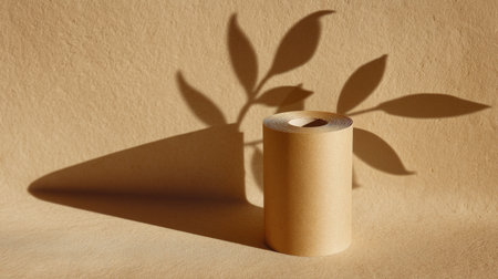 A brown paper roll casting a delicate leaf shadow against a neutral backdrop, showcasing minimalism and natural aesthetics. Perfect for design and decor themes.の素材