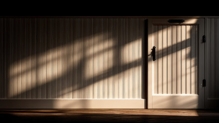A soft interplay of shadows graces a wooden wall featuring a door, creating a serene atmosphere in a dimly lit space. The elegant textures invite contemplation.の素材