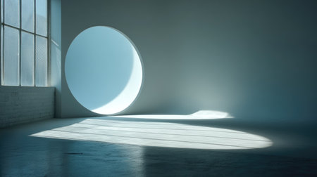 A tranquil minimalist interior featuring a large round window that casts soft light and shadow, creating an atmosphere of calm and inspiration.の素材