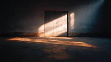 A captivating view of sunlight streaming through an old wooden doorway, highlighting the textures of the floor and walls in an abandoned interior space.の素材