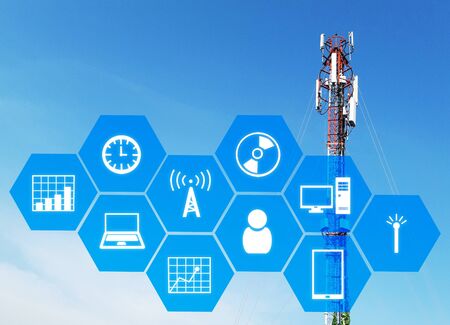 technology device icon and hexagon shaped pattern background with telecommunication tower with blue sky, for radio, television and telephony, communication and technology concept.の写真素材