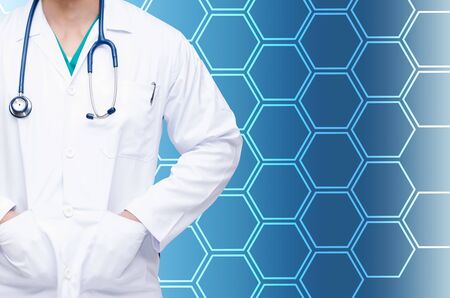 smart doctor with a stethoscope around his neck on hexagon shaped pattern design background healthcare medical technology concept color effect toneの写真素材