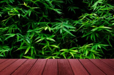 empty red wooden floor or wooden terrace with blurred image of dark green plant tropical bamboo leaf texture background, copy space, garden decorative and nature conceptの写真素材