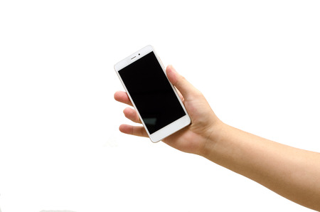 one hand holding white mobile smartphone with black screen isolated on white backgroundの写真素材
