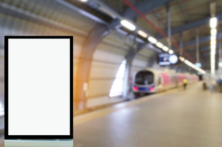 blank advertising billboard or showcase light box with copy space for your text message or media and content in subway train station, transportation, commercial, marketing and advertising conceptの写真素材