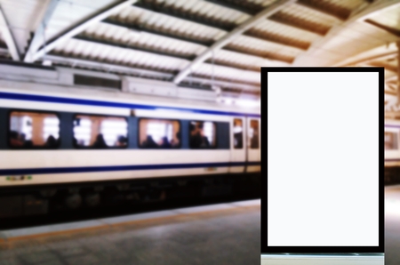 mock up of blank advertising light box or showcase billboard for your text message or media content at sky train station background, commercial, marketing and advertising conceptの写真素材