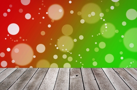 wooden terrace or desk with copy space for display of product or object presentation with colorful light bokeh backgroundの写真素材