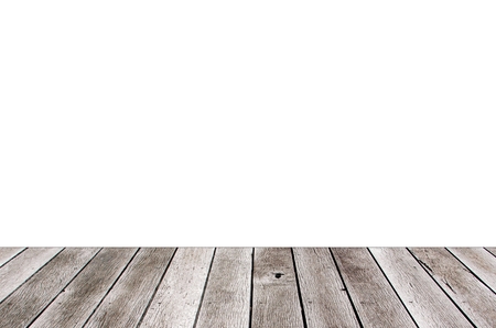 wooden terrace or desk with copy space for display of product or object presentation isolated on white backgroundの写真素材