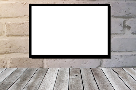 wooden floor terrace or plank desk and blank advertising billboard with old vintage brick wall background, copy space for display of product or object presentation, commercial, marketing conceptの写真素材