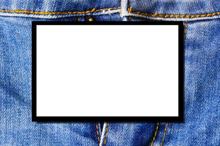 blank advertising billboard or television screen with blue denim jeans texture background, copy space for display of product presentation, commercial and marketing conceptの写真素材