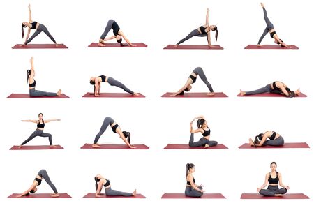 collection set of young asian woman in sportswear practicing yoga on the mat in different poses isolated on white background, exercise fitness, sport training and healthy lifestyle conceptの写真素材
