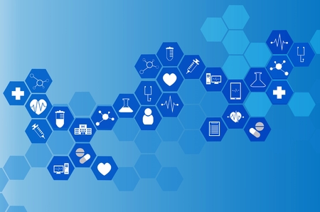 medical icon in hexagonal shaped pattern background, science, health care and medical technology concept, blue color toneの写真素材