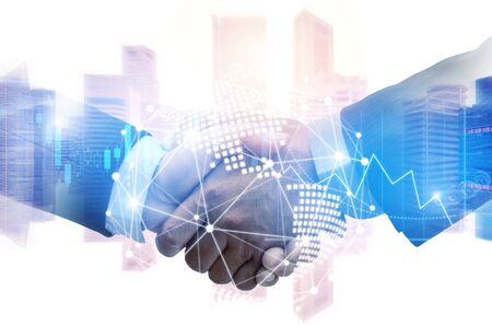 Partner. investor business man handshake with partner for successful project meeting with world map global network link connection and city background, investment, partnership and teamwork conceptの写真素材