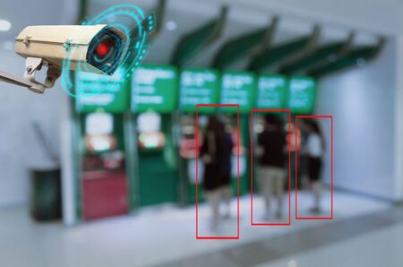 IOT CCTV, security indoor camera motion detection system operating with people withdraw money from ATM, cctv solution management system, surveillance security, safety intelligent technology conceptの写真素材
