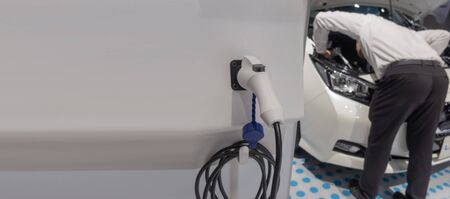 Panoramic banner. EV Tech. power supply connect station for electric vehicle battery charge for...