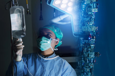 double exposure of doctor surgeon preparing saline drip bag for patient in operation room at hospital with city background, emergency case, surgery, medical technology and disease treatment conceptの写真素材