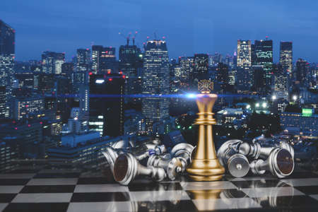 Winner. golden king surrounded with silver chess pieces on chess board game competition with graphic...
