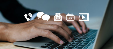 Contact Us. business people hand using mobile smart phone with virtual graphic icon diagram on desk...