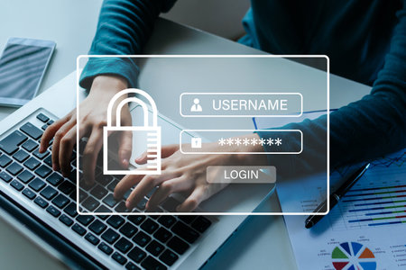 business people hand entering password code on laptop computer, cyber internet security, network security information authentication, digital marketing, shopping online, digital technology conceptの写真素材