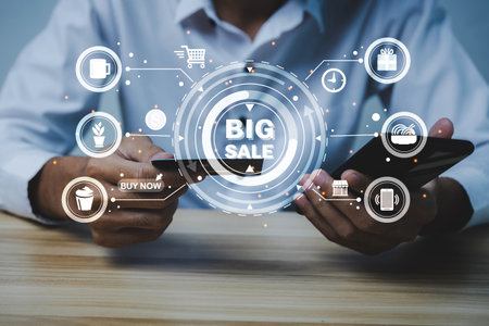 Online Shopping. people hand payment and online shopping mobile with mobile smart phone on desk at home office, internet, digital marketing, mobile banking, online payment, digital technology conceptの写真素材