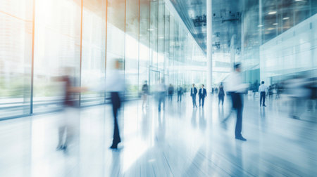 motion blur image of business people crowd walking at corporate office in city downtown, blurred background, business center concept, Generative AIの素材