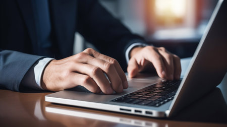 business man hand using laptop keyboard working business financial on desk at office, accounting, searching web, online marketing, finance, investment and digital technology concept, Generative AIの素材