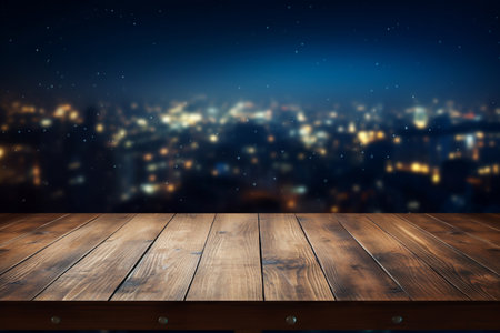 empty brown wooden floor or wood board table with blurred abstract night light bokeh background, copy space for display of product or object presentation, vintage color tone, Generative AIの素材