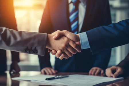 Partnership. two business people shaking hand after business job interview in meeting room office, negotiation, investor, success, partnership, teamwork, financial, connection concept, Generative AIの素材