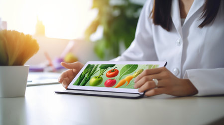 nutritionist female doctor using digital smart mobile tablet with fresh vegetable and fruit graphic diagram on desk at office hospital, nutrition, food science, healthy food concept, Generative AIの素材