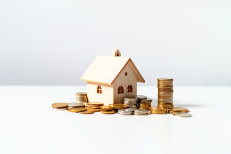 Home lone. mini house model with stack coin on desk and white background, sell house, real estate agent, insurance, miniature, business finance, property and financial concept, Generative AIの素材