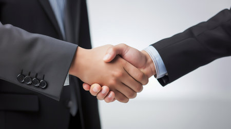 business people hand shaking after business signing contract document on white background, job interview, investor, negotiation, partnership and teamwork concept, Generative AIの素材