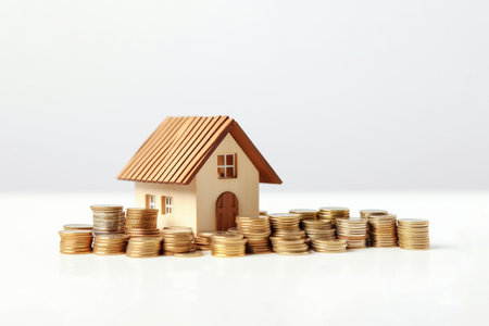 Home lone. mini house model with stack coin on desk and white background, sell house, real estate agent, insurance, miniature, business finance, property and financial concept, Generative AIの素材