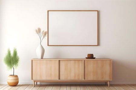 Interior Design. mockup empty poster frame on wall with furniture in living room interior at house background. picture frame, architecture, interior design, home decoration concept, Generative AIの素材