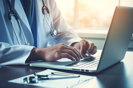 Medical. doctor or pharmacist hand working on laptop computer with paperwork on work table in hospital or clinic, medical technology, disease treatment and health care concept, Generative AIの素材