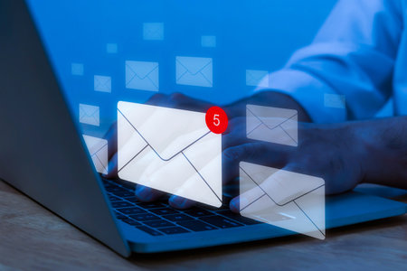 business man hand using laptop computer send mail message, contact us, chat message, cyber security, digital marketing, new email notification, business finance, internet network technology conceptの写真素材