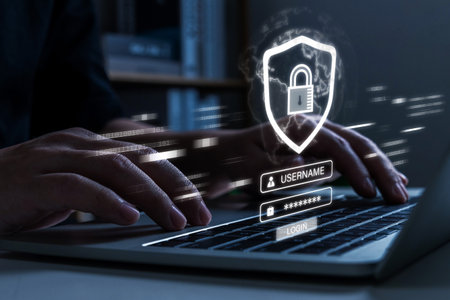Cybersecurity. business man hand working on laptop computer with virtual graphic cyber internet...
