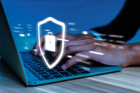 Firewall. business man hand working on laptop computer with virtual graphic cyber internet security firewall diagram, anti virus, cybersecurity, data protection, internet network technology conceptの写真素材
