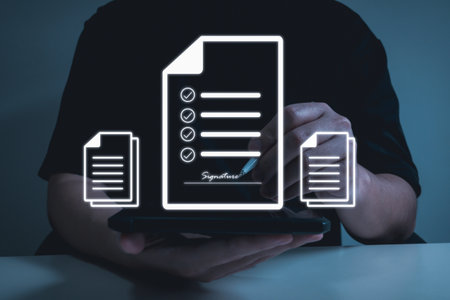 business people using stylus pen sign electronic signature on virtual graphic digital document report diagram, document management, investment, digital online marketing and financial business conceptの写真素材