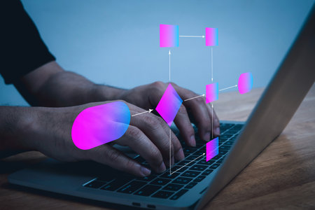 AI. people hand working on laptop computer with digital flowchart database diagram, workflow automation, IT programmer, software development, program developer, technology, software engineer conceptの写真素材