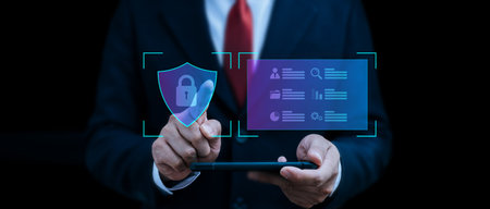 Firewall. businessman touching with virtual digital firewall diagram on mobile smartphone, digital online, cyber security, internet connection, system protect data, network security technology conceptの写真素材