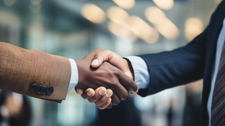 Partnership. two business people shaking hand after business job interview in meeting room office, investor, success, partnership, teamwork, financial, connection concept, Generative AIの素材