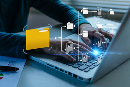 business people working document management system on laptop computer with graphic icon diagram on desk, digital marketing, cloud computing, business finance, internet network technology conceptの写真素材